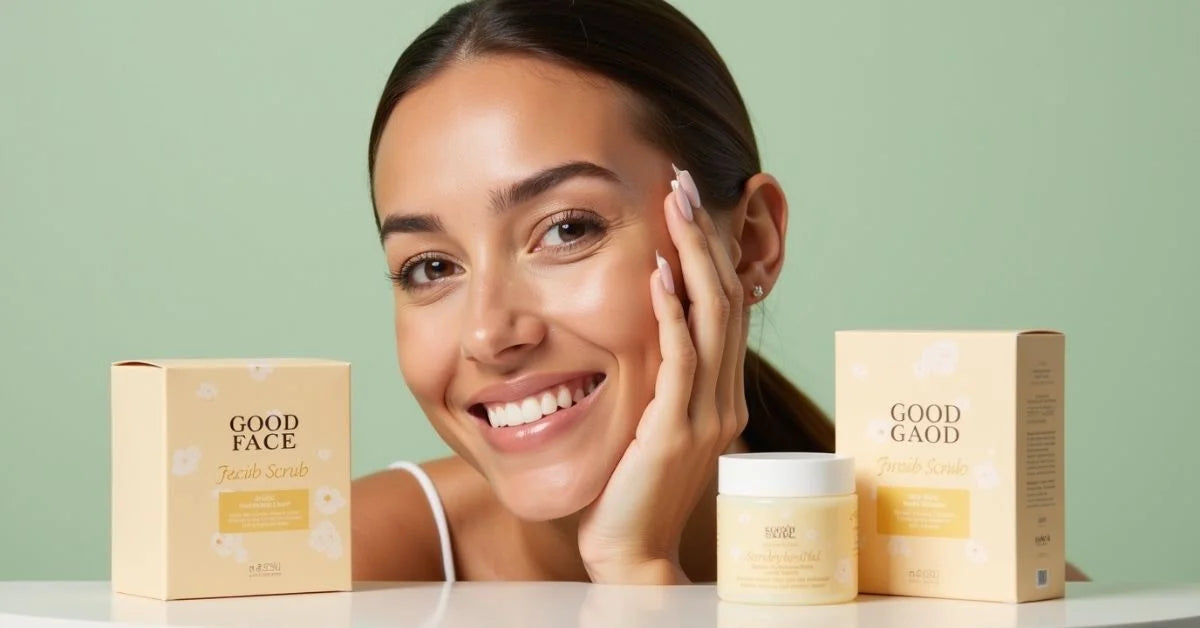 A woman with Good Face Scrub masks kits A woman with Good Face Scrub masks kits